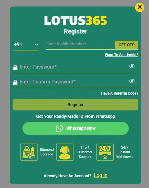 Lotus365 registration form showing the account detail fields